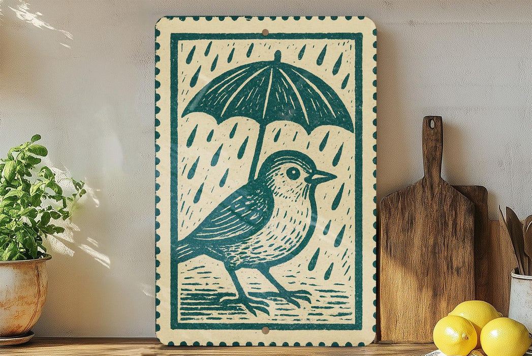 A wooden sign with a bird standing under an umbrella, surrounded by kitchen utensils and a potted plant.