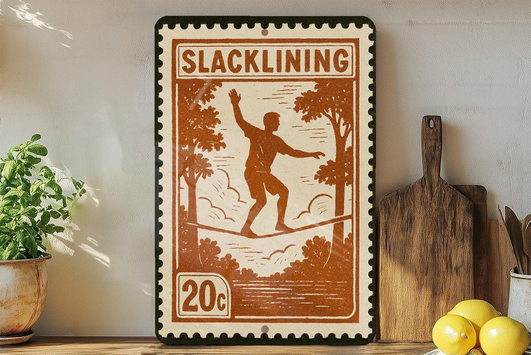a wooden board with a stamp-like design, depicting a man balancing on a tightrope, with a potted plant to the left and a wooden cutting board to the right.