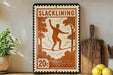 a wooden board with a stamp-like design, depicting a man balancing on a tightrope, with a potted plant to the left and a wooden cutting board to the right.