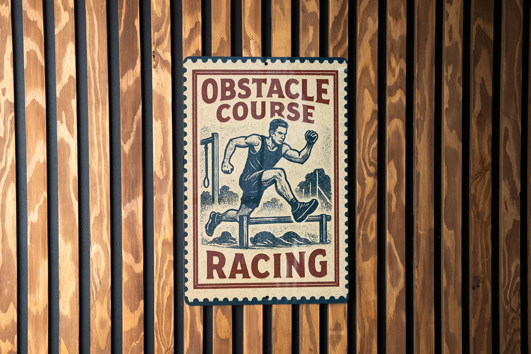 a sign that reads "OBSTACLE COURSE RACING" with an illustration of a man running.
