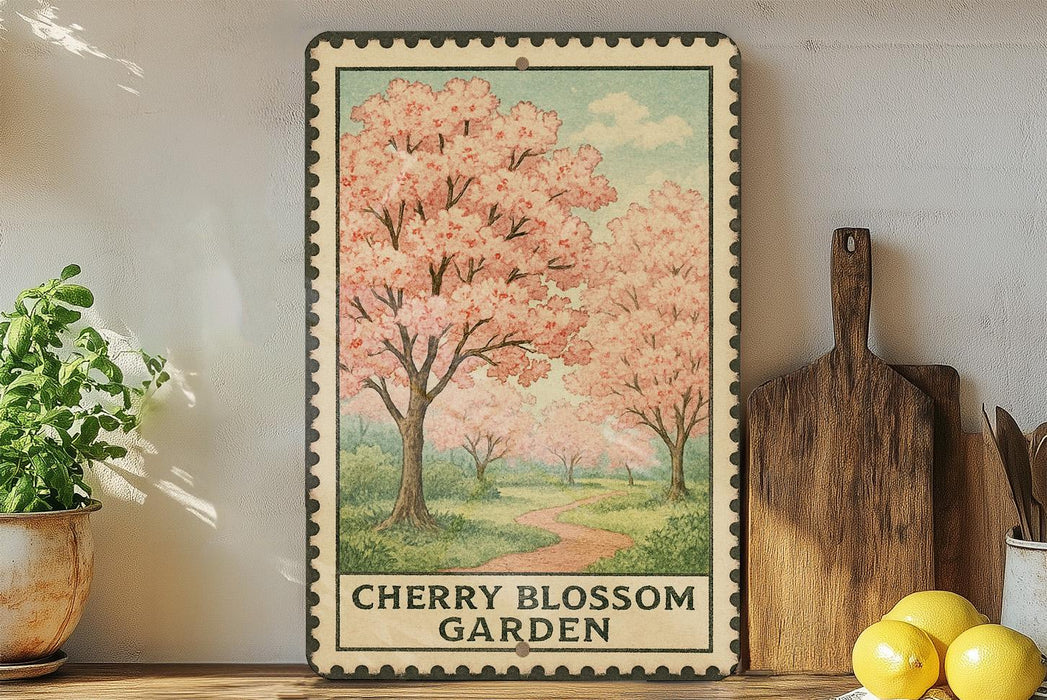 A framed illustration of cherry blossoms in full bloom, with a path leading through a garden, is displayed on a shelf next to a wooden cutting board and a potted plant.