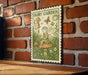 a small, green and white metal sign with a fairy illustration, mounted on a brick wall.