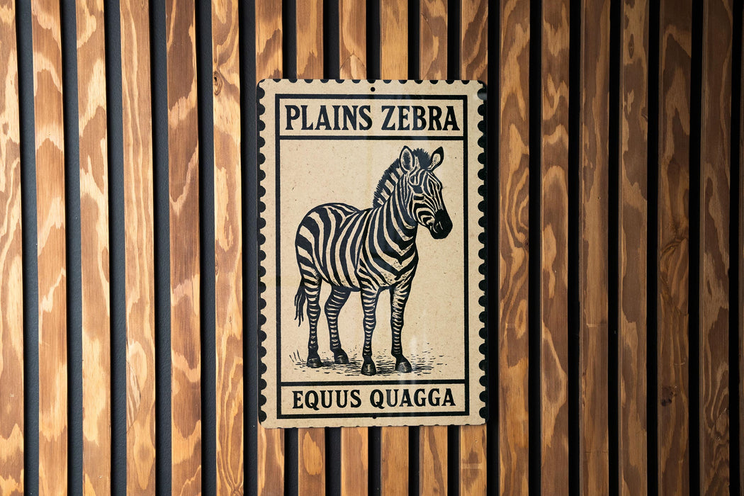 A poster of a zebra is displayed on a wooden wall.