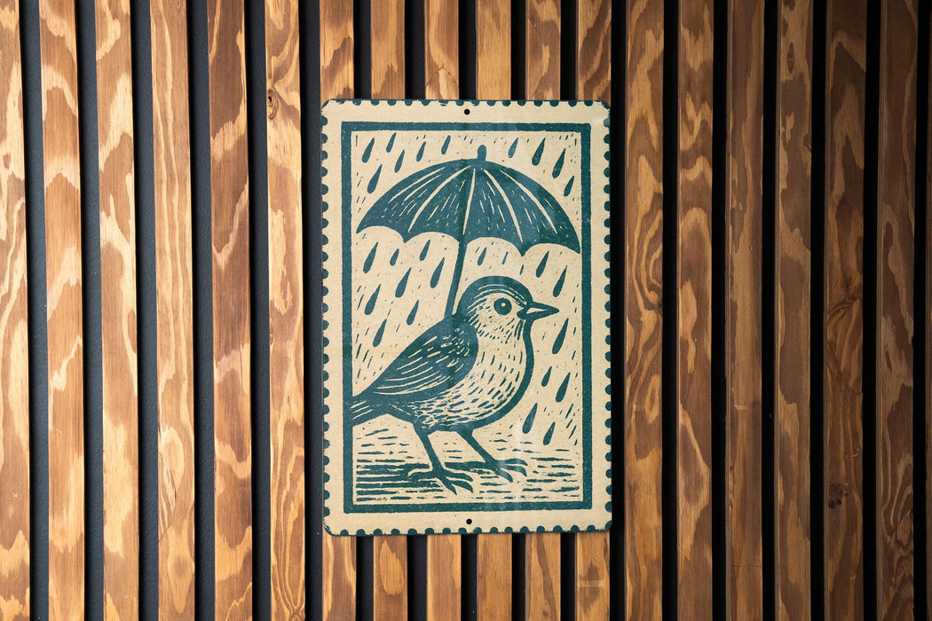A bird standing under an umbrella, depicted in a wood-paneled setting.