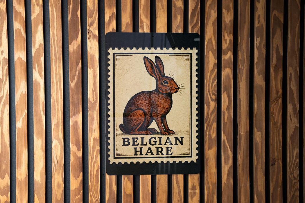 A sign featuring a picture of a brown hare, with the text "Belgian Hare" below it, mounted on a wooden wall.