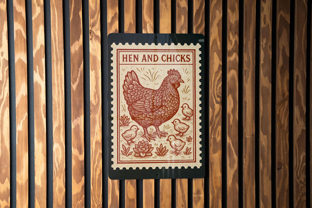 A wooden wall with a framed image of a chicken, which appears to be a stamp or a sign with the text "HEN AND CHICKS".