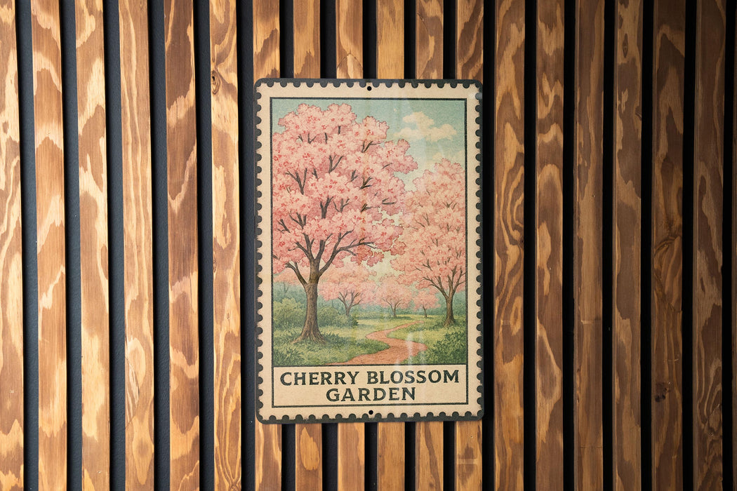 A framed image of cherry blossoms is displayed on a wooden wall, with the text "CHERRY BLOSSOM GARDEN" below the image.