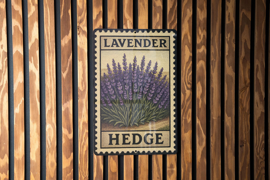 A vintage-style metal sign with the word "LAVENDER" and "HEDGE" printed on it, mounted on a wooden wall.