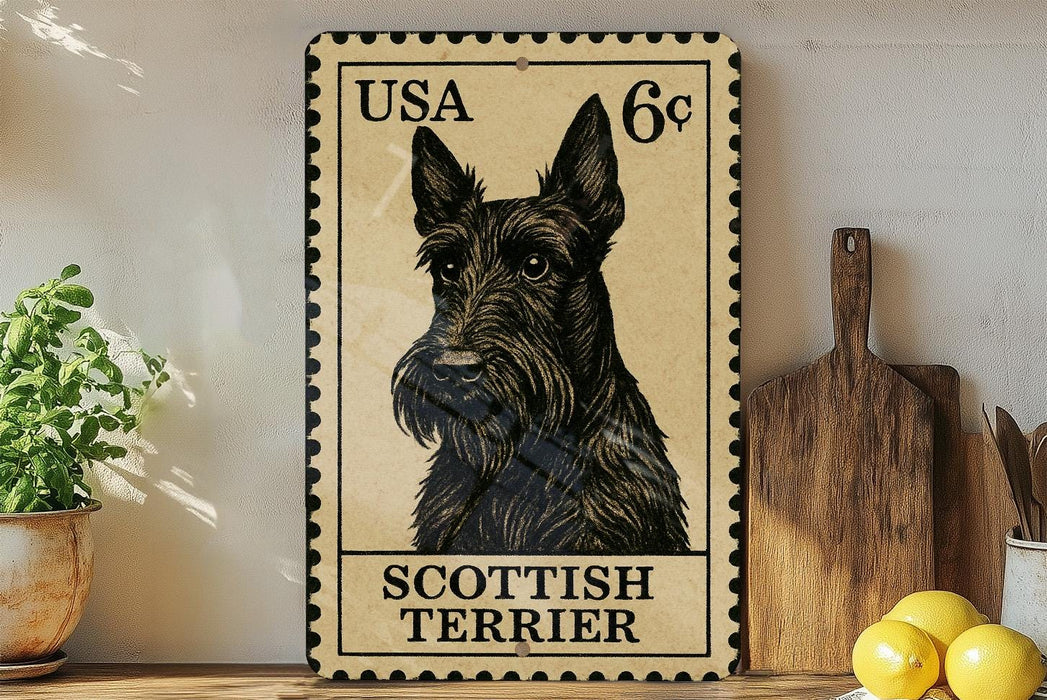 A framed image of a Scottish Terrier dog, a breed of small to medium-sized dog, is displayed on a wall next to a wooden cutting board and some kitchen utensils.