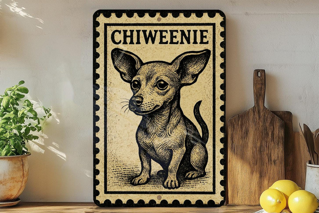 a decorative metal sign with a small dog illustration, placed on a wooden surface next to a potted plant and a wooden cutting board.
