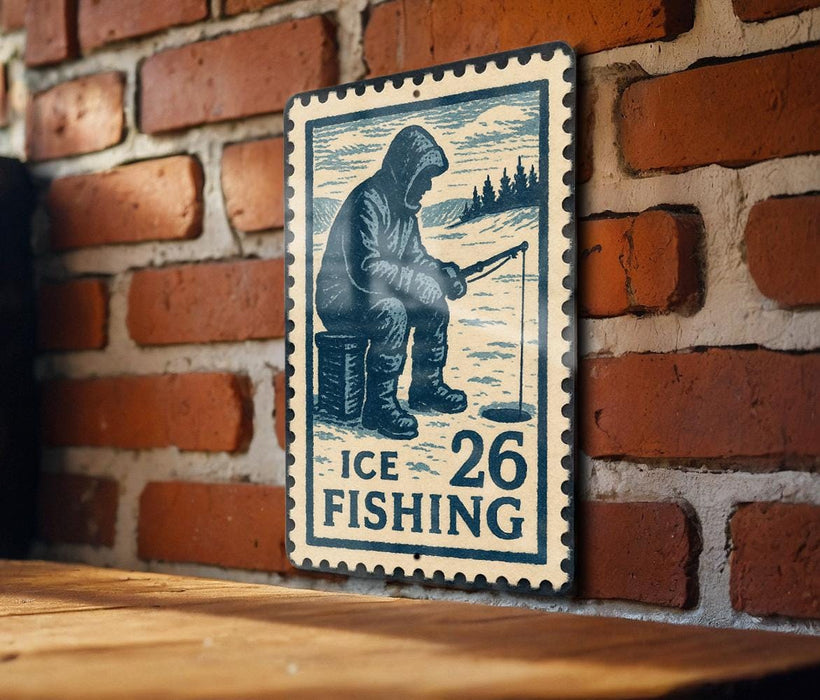 A metal sign with a fishing illustration and the text "ICE FISHING 26" is displayed on a brick wall.