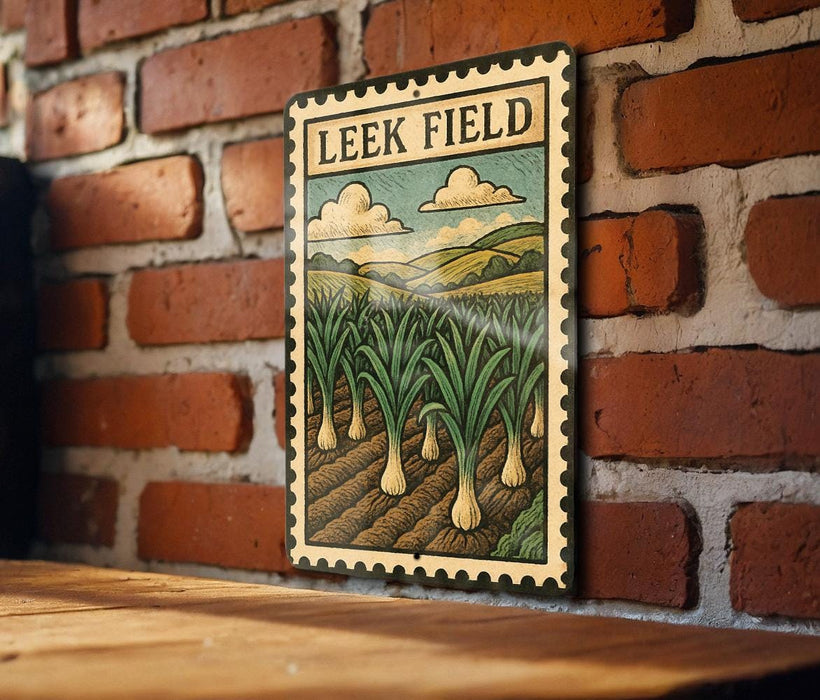 A vintage-style metal sign with a field of onions and a cloudy sky is mounted on a brick wall.