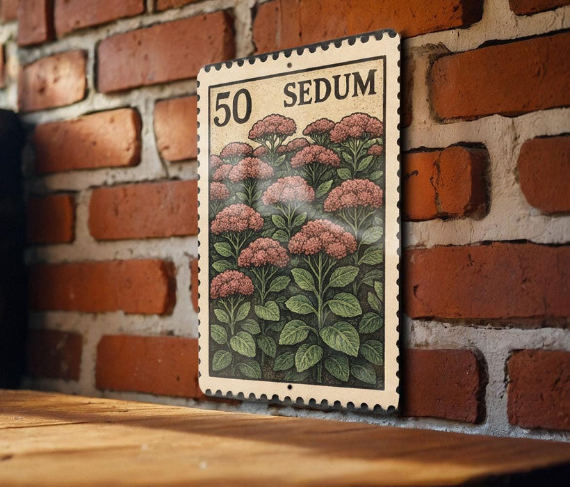 A 50 SEDUM postage stamp is displayed on a brick wall, featuring a detailed illustration of pink flowers and green leaves.