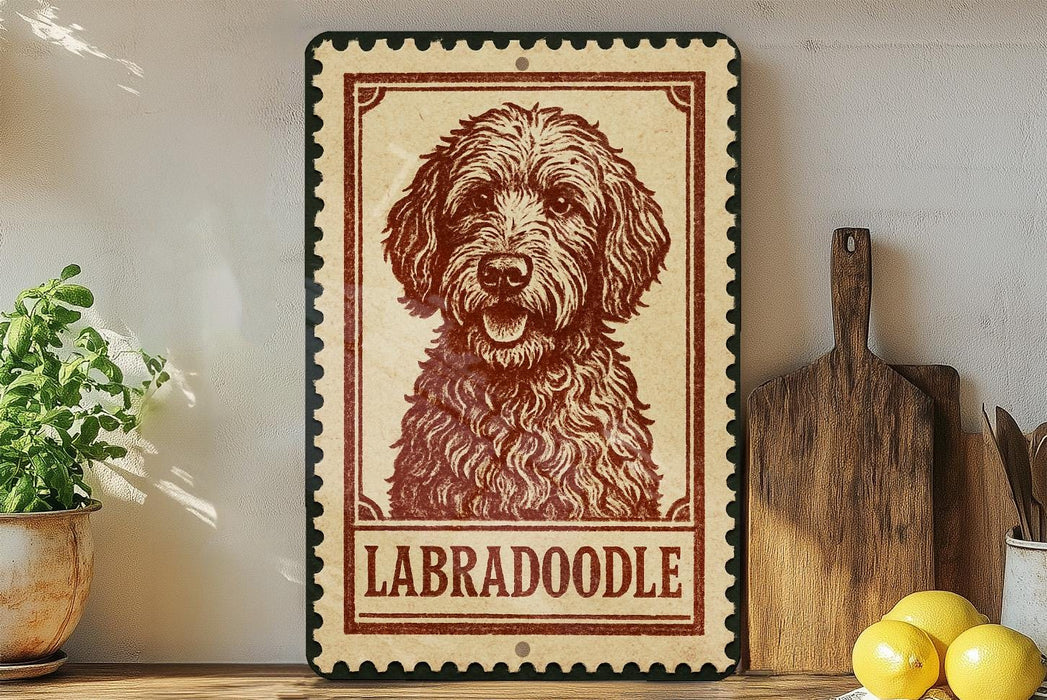 A vintage-style metal sign featuring a Labradoroodle dog's portrait, placed on a wooden surface next to a wooden cutting board and some lemons.