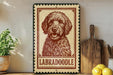 A vintage-style metal sign featuring a Labradoroodle dog's portrait, placed on a wooden surface next to a wooden cutting board and some lemons.