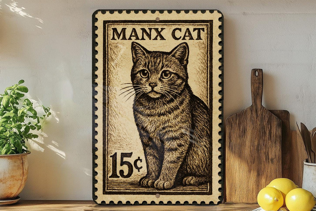 A framed image of a cat, likely a postage stamp, is displayed on a shelf next to a wooden cutting board and some lemons.