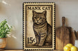 A framed image of a cat, likely a postage stamp, is displayed on a shelf next to a wooden cutting board and some lemons.