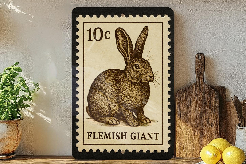 A framed illustration of a rabbit, labeled as a "FLEMISH GIANT", is displayed on a shelf next to a wooden cutting board and a potted plant.
