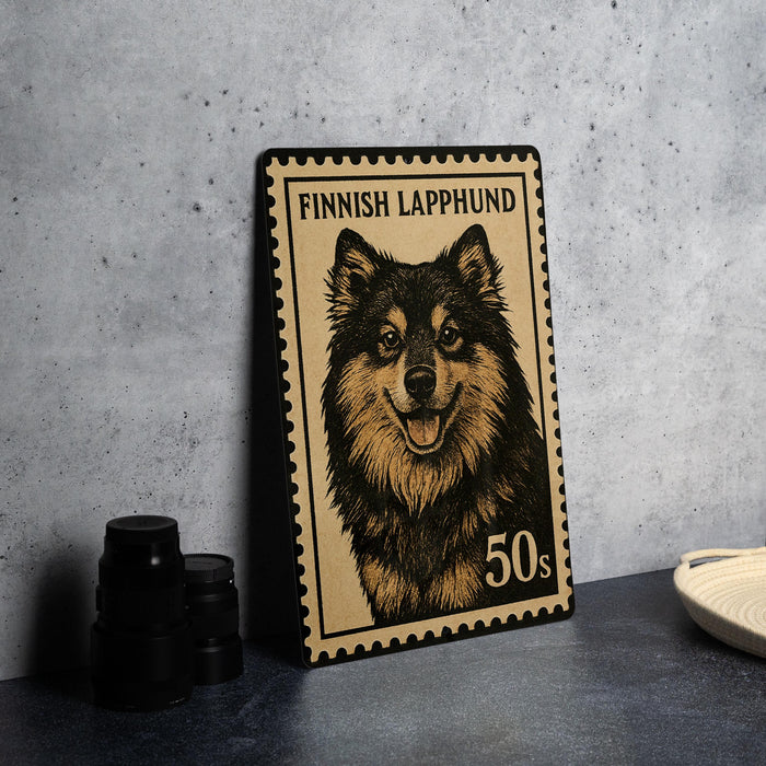A wooden postcard featuring a close-up of a dog's face, with the text "FINISH LAPPHUND" and "50s" printed on it.