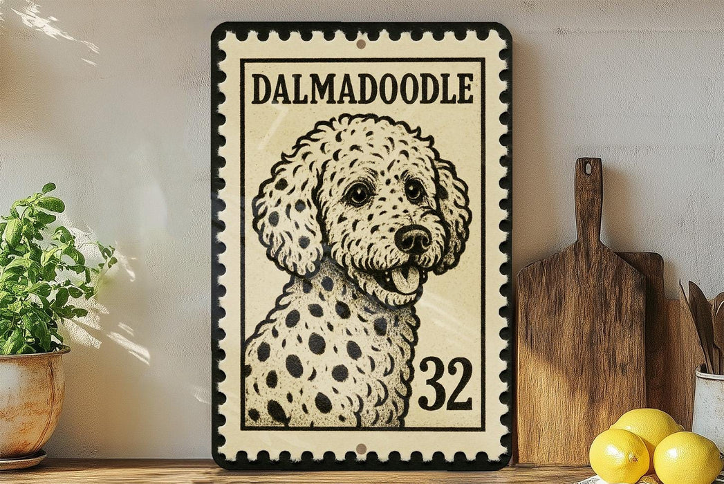 A framed image of a Dalmatian dog, with the text "DALMADOoodle" and the number "32" printed on it, is displayed on a shelf next to a wooden cutting board and some kitchen utensils.