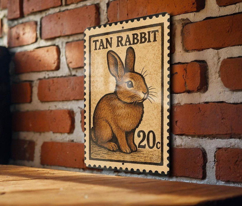 A tan rabbit stamp is mounted on a brick wall, with a wooden table below it.