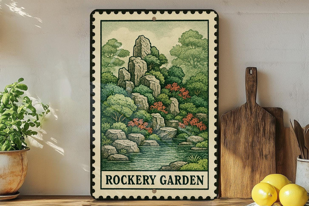 A framed illustration of a lush, green garden with rocks and water is displayed on a shelf, accompanied by a wooden cutting board and a potted plant.