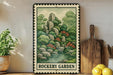 A framed illustration of a lush, green garden with rocks and water is displayed on a shelf, accompanied by a wooden cutting board and a potted plant.