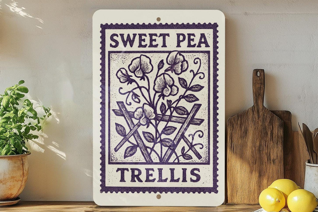 a decorative sign with a floral design, placed on a wooden surface next to a wooden cutting board and some lemons.
