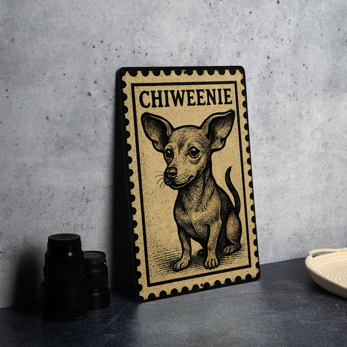 a small dog illustration on a decorative plate or frame, placed on a table next to some black camera lenses.