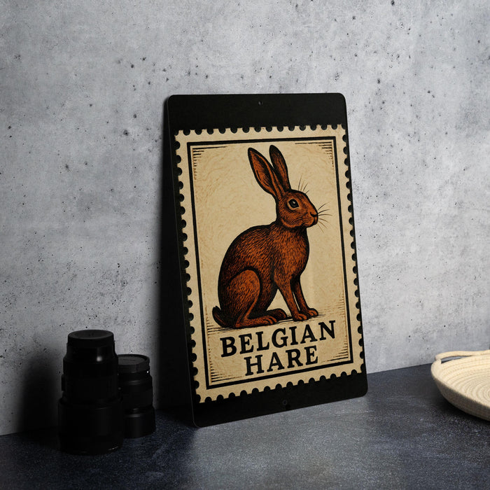 a poster or sign with a picture of a brown hare, along with the text "Belgian Hare" printed on it.