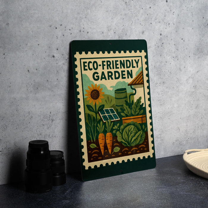 a green and white poster or sign with a garden scene, including a sunflower, carrots, and a house, placed on a gray countertop next to some black containers.