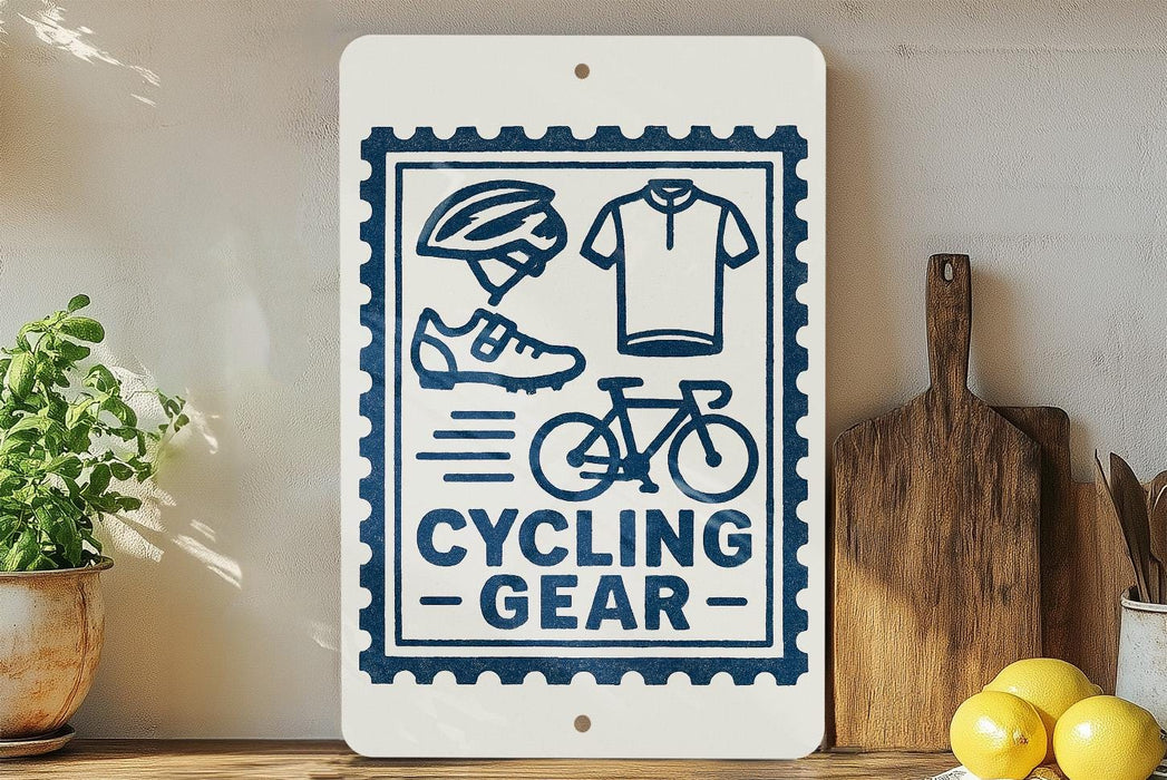 a sign that reads "CYCLING GEAR" with various cycling-related icons, such as a helmet, a bicycle, and a pair of shoes. The sign is displayed on a shelf next to a potted plant and a wooden cutting board.