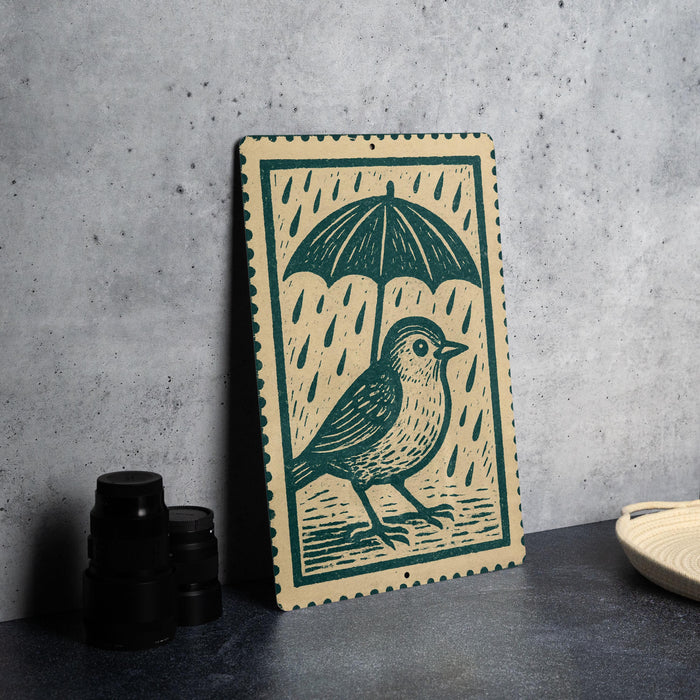 a wooden frame with a green and white illustration of a bird standing under an umbrella, set against a gray background.