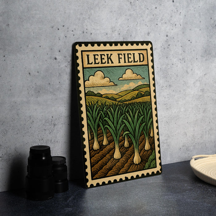A framed illustration of Leek Field, featuring a field of leeks and a cloudy sky, is displayed on a table.