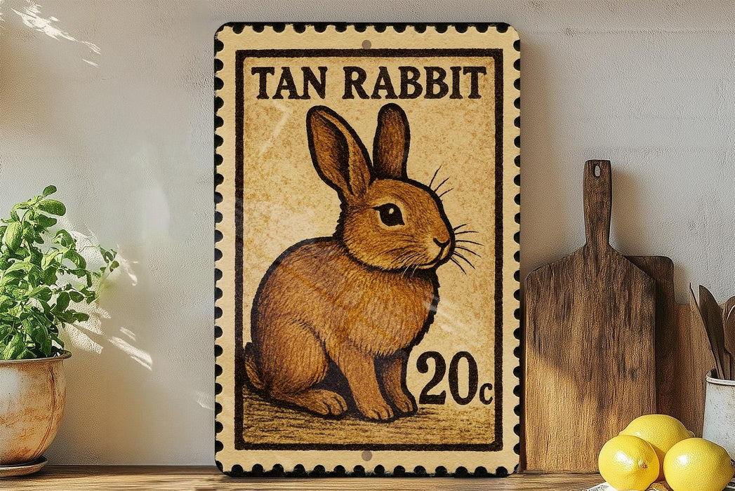 A tan rabbit on a postage stamp, with the text "TAN RABBIT" and "20c" printed on it. The stamp is placed on a wooden surface, with a potted plant, a wooden cutting board, and some lemons nearby.
