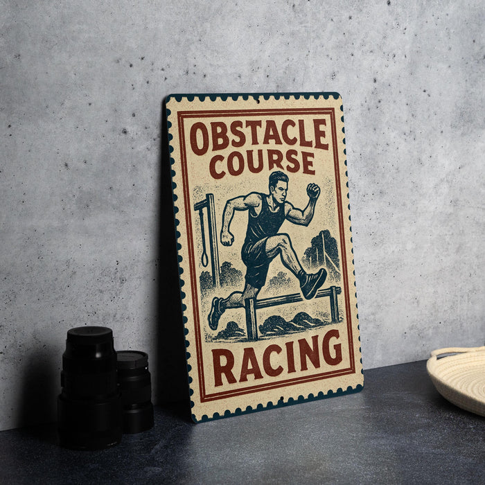 a sign that reads "OBSTACLE COURSE RACING" with an illustration of a man running.