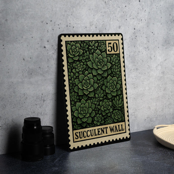 A framed print of a postage stamp with a green floral design, placed on a table next to some black camera lenses.