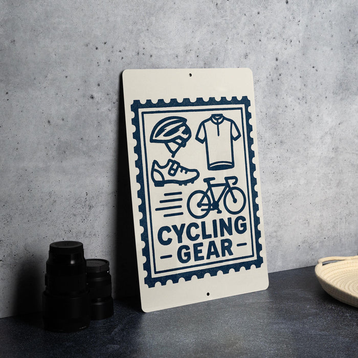 a sign with the text "CYCLING GEAR" and various cycling-related icons, such as a helmet, a bicycle, and a pair of shoes.