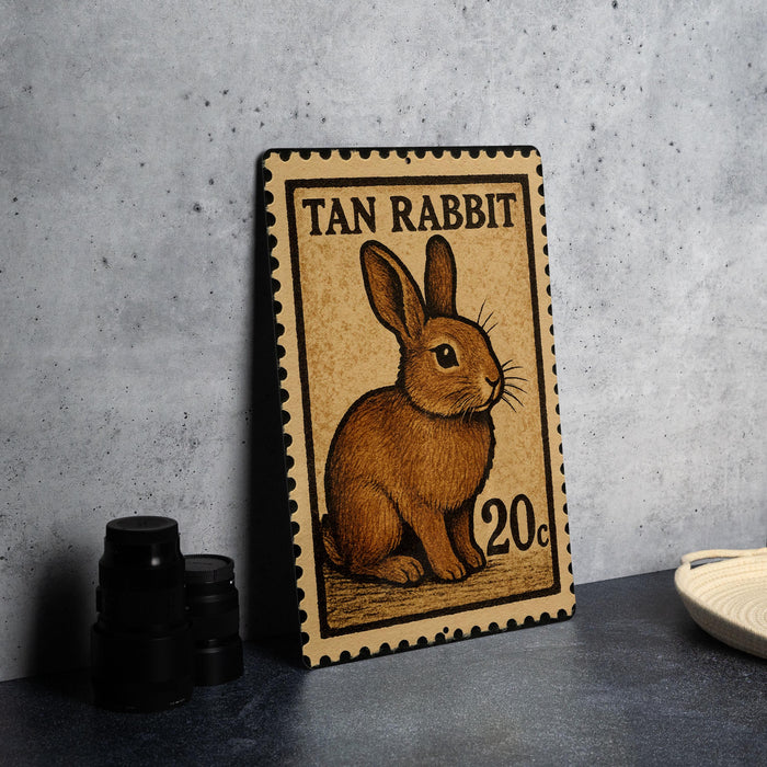 A tan rabbit stamp with the text "TAN RABBIT" and the value "20c" is displayed on a table.