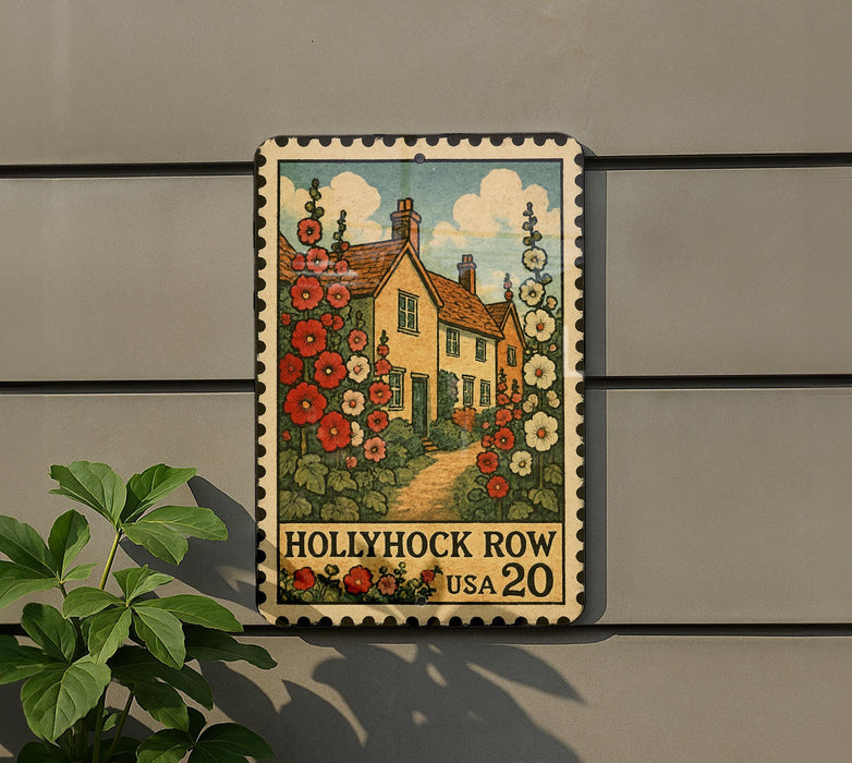 A vintage-style postage stamp depicting a house surrounded by colorful flowers, mounted on a wall.