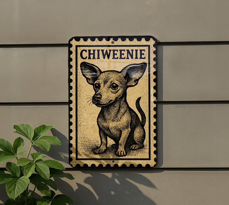 a sign with a chihuahua illustration on it, mounted on a wall.
