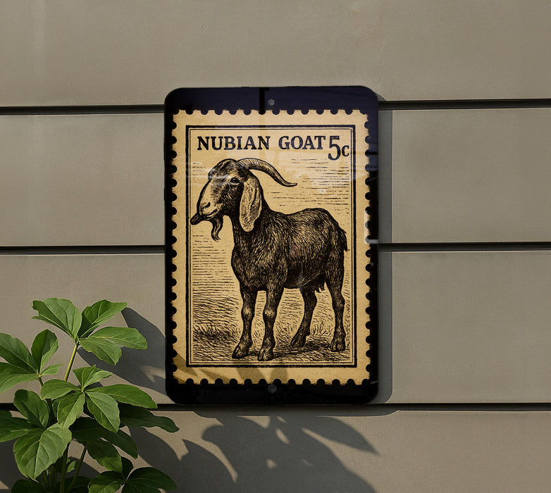 a black and white illustration of a goat on a wall, with a postage stamp-like border.