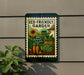 A sign for an eco-friendly garden, featuring illustrations of various plants and vegetables.
