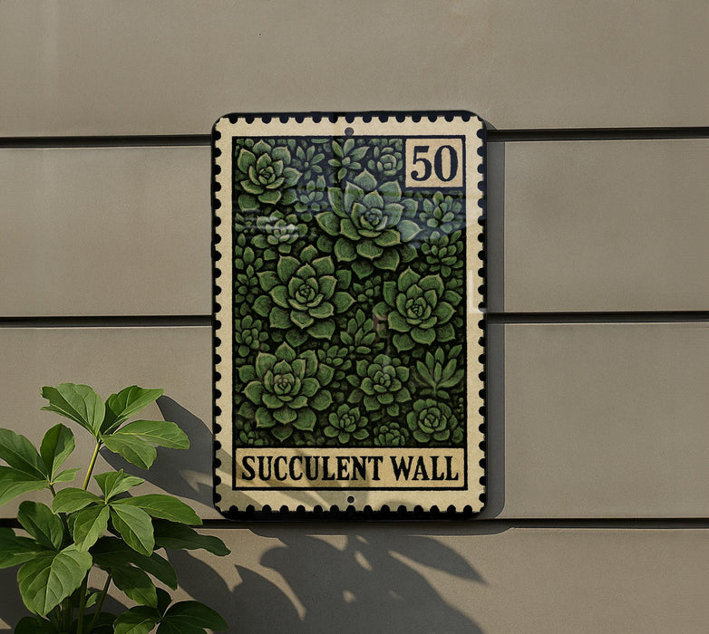 a wall with a framed print of a succulent plant, which is mounted on it.