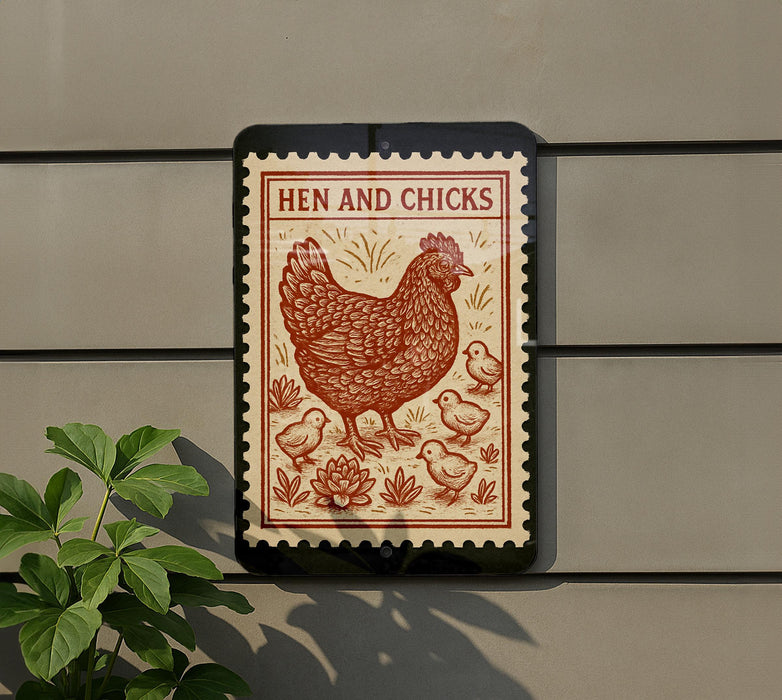 a sign with a red and brown illustration of a chicken and its chicks, mounted on a wall.