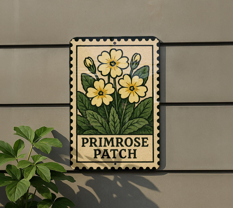 A sign for the "Primrose Patch" is displayed on a wall, featuring a floral illustration of yellow flowers and green leaves.