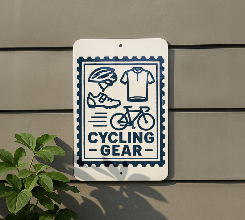 a sign that reads "CYCLING GEAR" with various cycling-related icons and text.