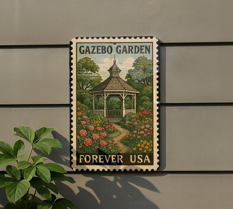 A postage stamp-style sign for Gazebo Garden Forever USA, featuring a gazebo surrounded by a garden with flowers and a path leading to it.