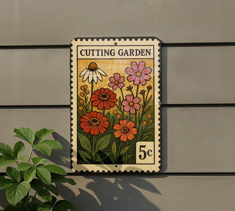 A metal sign with a postage stamp design, featuring a garden scene with flowers and plants, mounted on a wall.