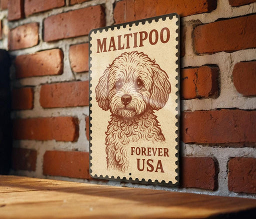A metal sign featuring a dog's face on a brick wall.